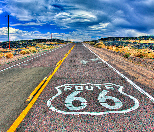 Classic Route 66 shield painted on the road